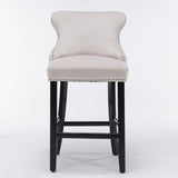 Table & Bar Stools: 4x Velvet Upholstered Button Tufted Bar Stools with Wood Legs and Studs-Beige