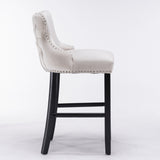 Table & Bar Stools: 4x Velvet Upholstered Button Tufted Bar Stools with Wood Legs and Studs-Beige