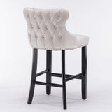 Table & Bar Stools: 4x Velvet Upholstered Button Tufted Bar Stools with Wood Legs and Studs-Beige
