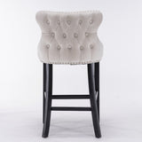 Table & Bar Stools: 4x Velvet Upholstered Button Tufted Bar Stools with Wood Legs and Studs-Beige