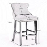 Table & Bar Stools: 4x Velvet Upholstered Button Tufted Bar Stools with Wood Legs and Studs-Beige