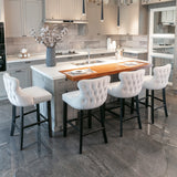 Table & Bar Stools: 4x Velvet Upholstered Button Tufted Bar Stools with Wood Legs and Studs-Beige