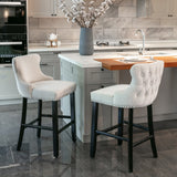 Table & Bar Stools: 4x Velvet Upholstered Button Tufted Bar Stools with Wood Legs and Studs-Beige
