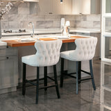 Table & Bar Stools: 4x Velvet Upholstered Button Tufted Bar Stools with Wood Legs and Studs-Beige