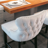 Table & Bar Stools: 4x Velvet Upholstered Button Tufted Bar Stools with Wood Legs and Studs-Beige