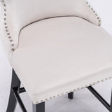 Table & Bar Stools: 4x Velvet Upholstered Button Tufted Bar Stools with Wood Legs and Studs-Beige