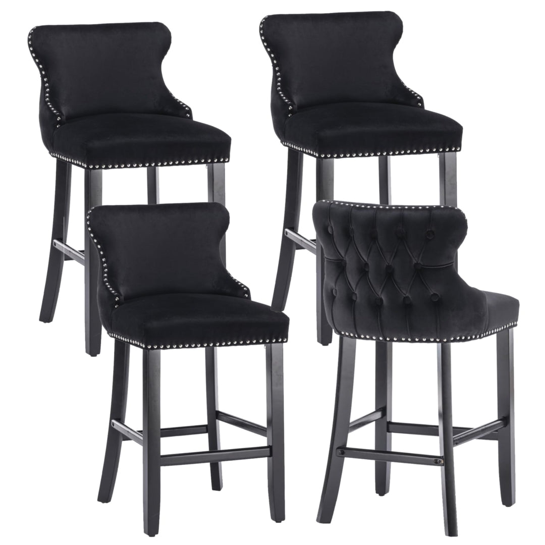 Table & Bar Stools: 4x Velvet Upholstered Button Tufted Bar Stools with Wood Legs and Studs-Black