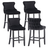 Table & Bar Stools: 4x Velvet Upholstered Button Tufted Bar Stools with Wood Legs and Studs-Black