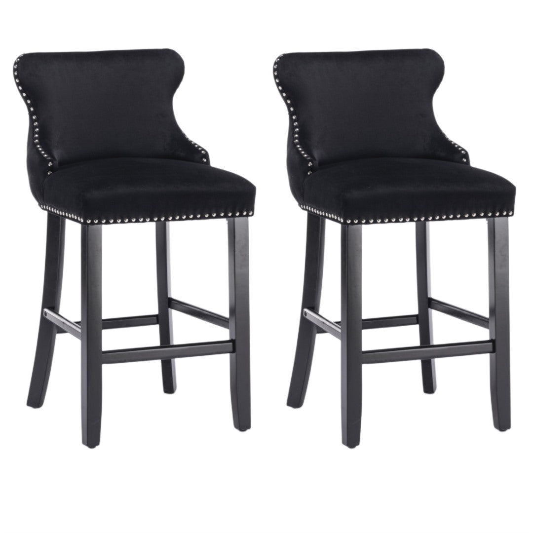 Table & Bar Stools: 4x Velvet Upholstered Button Tufted Bar Stools with Wood Legs and Studs-Black
