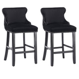 Table & Bar Stools: 4x Velvet Upholstered Button Tufted Bar Stools with Wood Legs and Studs-Black