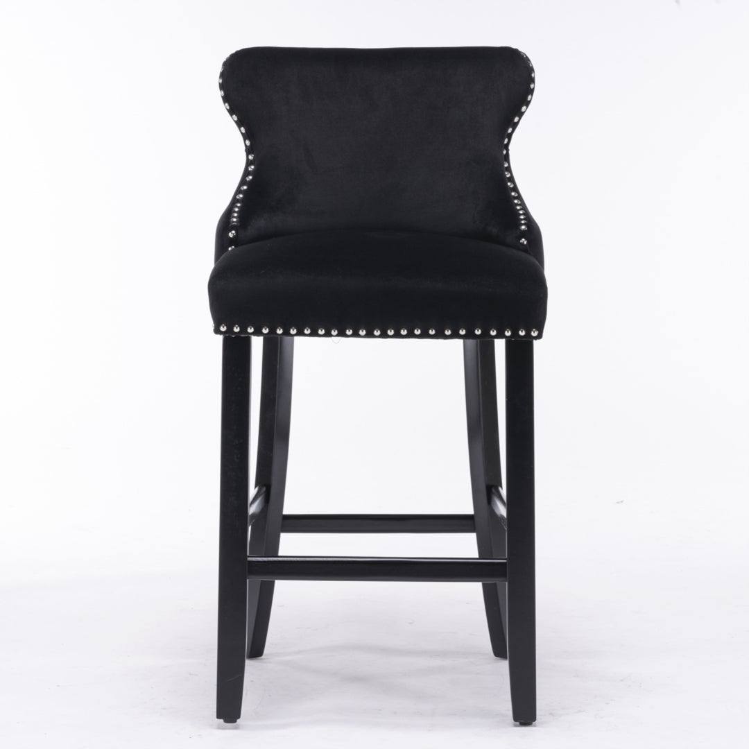 Table & Bar Stools: 4x Velvet Upholstered Button Tufted Bar Stools with Wood Legs and Studs-Black