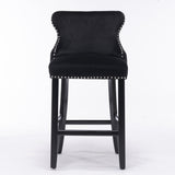 Table & Bar Stools: 4x Velvet Upholstered Button Tufted Bar Stools with Wood Legs and Studs-Black