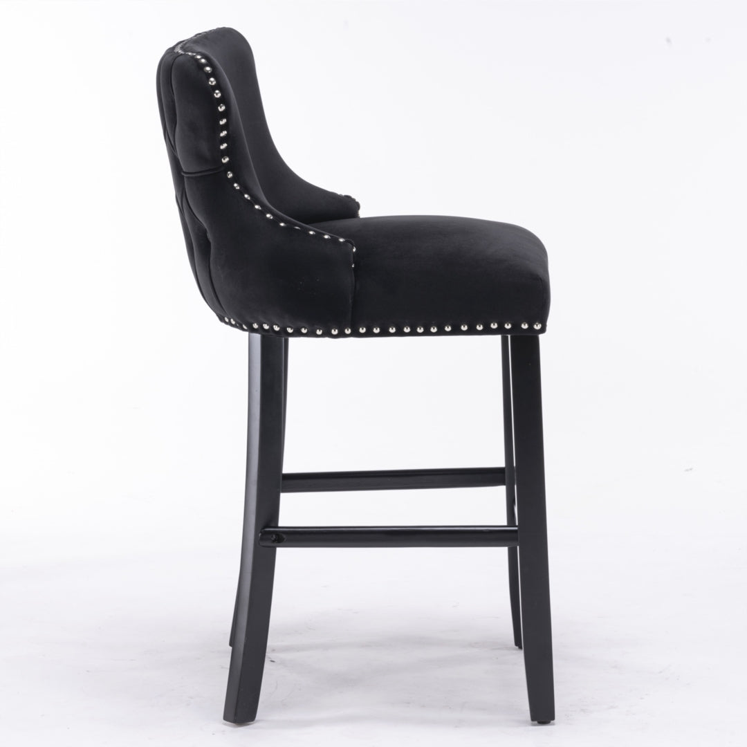 Table & Bar Stools: 4x Velvet Upholstered Button Tufted Bar Stools with Wood Legs and Studs-Black