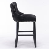 Table & Bar Stools: 4x Velvet Upholstered Button Tufted Bar Stools with Wood Legs and Studs-Black
