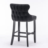 Table & Bar Stools: 4x Velvet Upholstered Button Tufted Bar Stools with Wood Legs and Studs-Black
