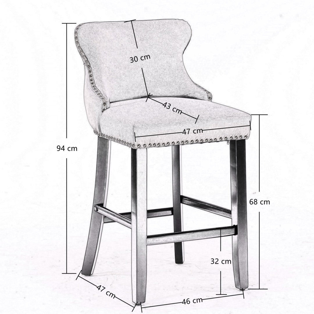 Table & Bar Stools: 4x Velvet Upholstered Button Tufted Bar Stools with Wood Legs and Studs-Black