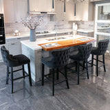 Table & Bar Stools: 4x Velvet Upholstered Button Tufted Bar Stools with Wood Legs and Studs-Black