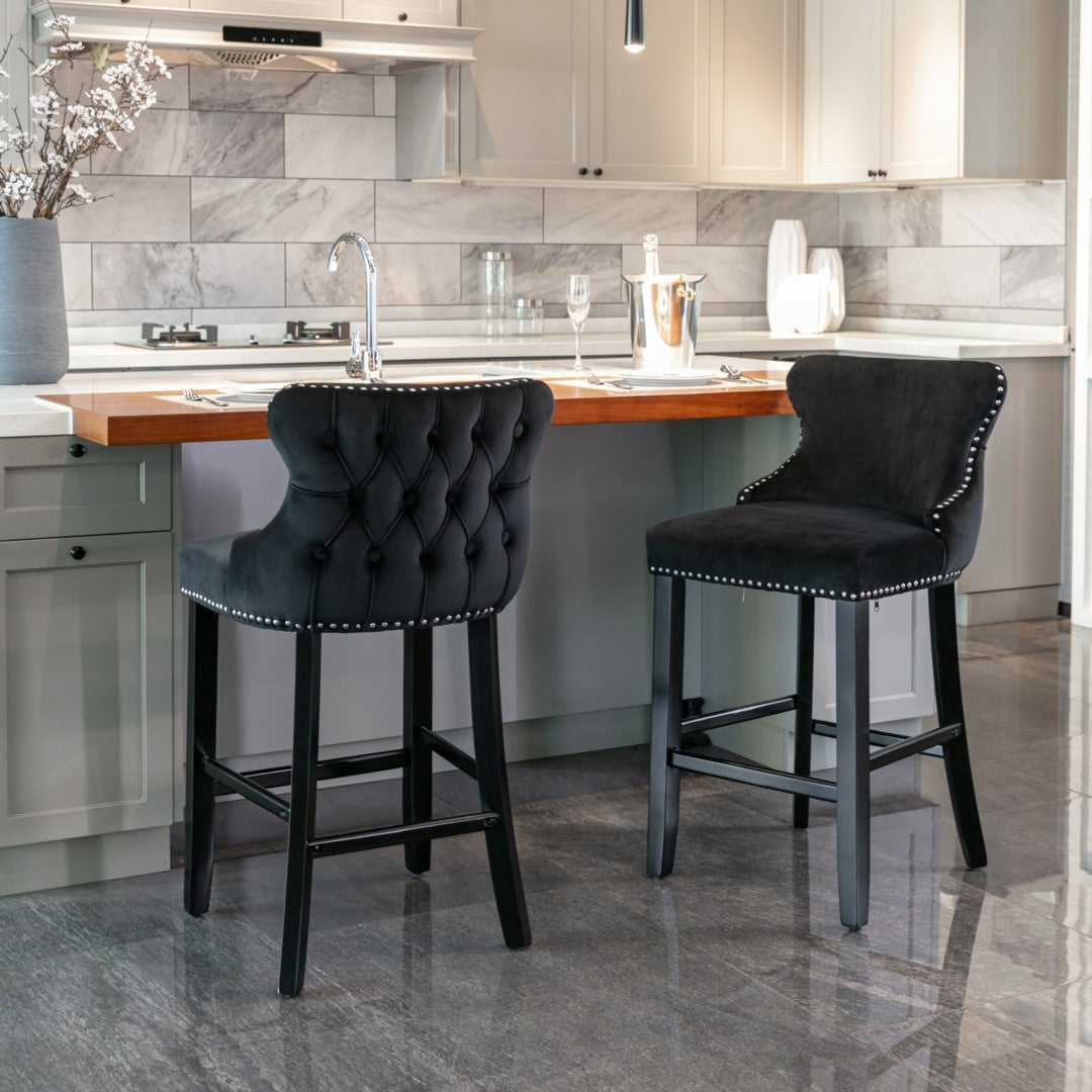 Table & Bar Stools: 4x Velvet Upholstered Button Tufted Bar Stools with Wood Legs and Studs-Black