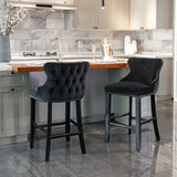 Table & Bar Stools: 4x Velvet Upholstered Button Tufted Bar Stools with Wood Legs and Studs-Black