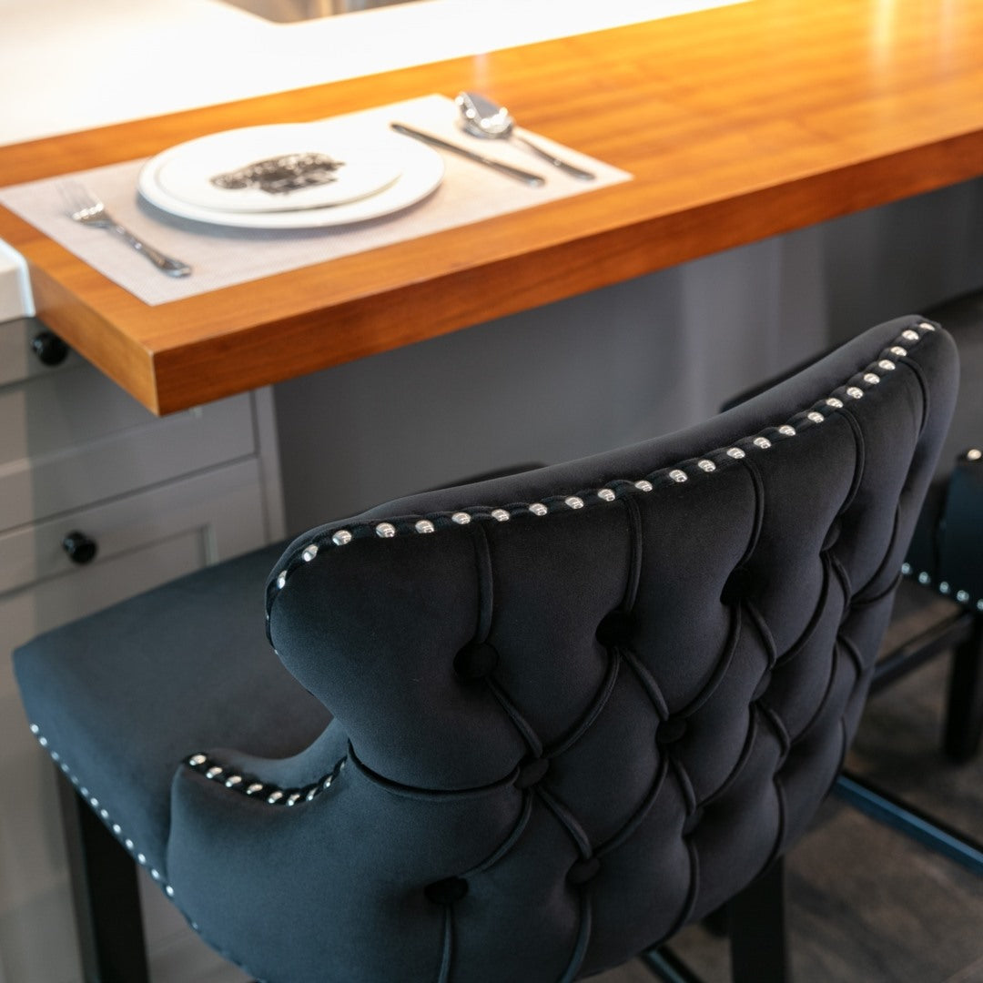 Table & Bar Stools: 4x Velvet Upholstered Button Tufted Bar Stools with Wood Legs and Studs-Black