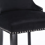 Table & Bar Stools: 4x Velvet Upholstered Button Tufted Bar Stools with Wood Legs and Studs-Black