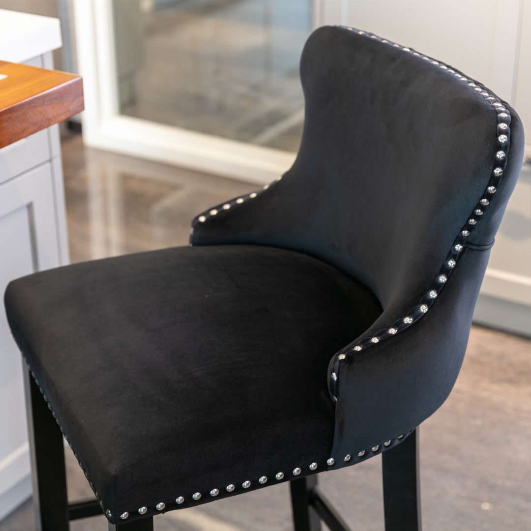 Table & Bar Stools: 4x Velvet Upholstered Button Tufted Bar Stools with Wood Legs and Studs-Black