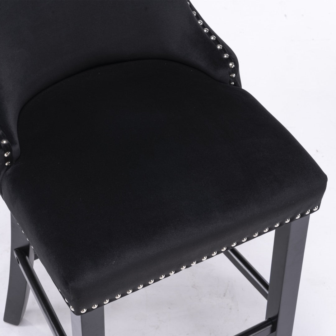 Table & Bar Stools: 2x Velvet Upholstered Button Tufted Bar Stools with Wood Legs and Studs-Black