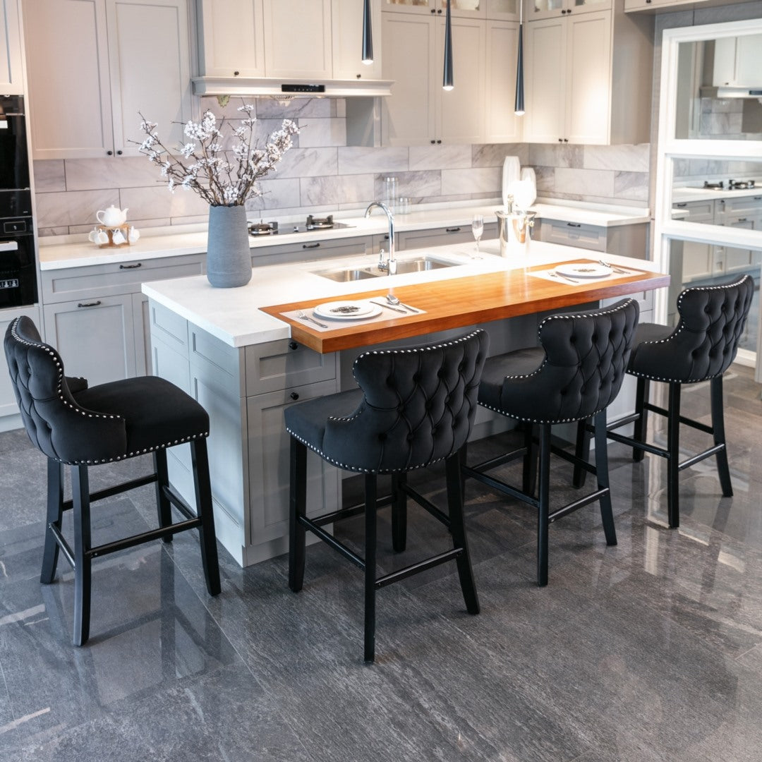 Table & Bar Stools: 2x Velvet Upholstered Button Tufted Bar Stools with Wood Legs and Studs-Black
