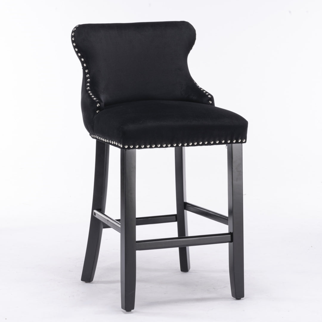 Table & Bar Stools: 2x Velvet Upholstered Button Tufted Bar Stools with Wood Legs and Studs-Black