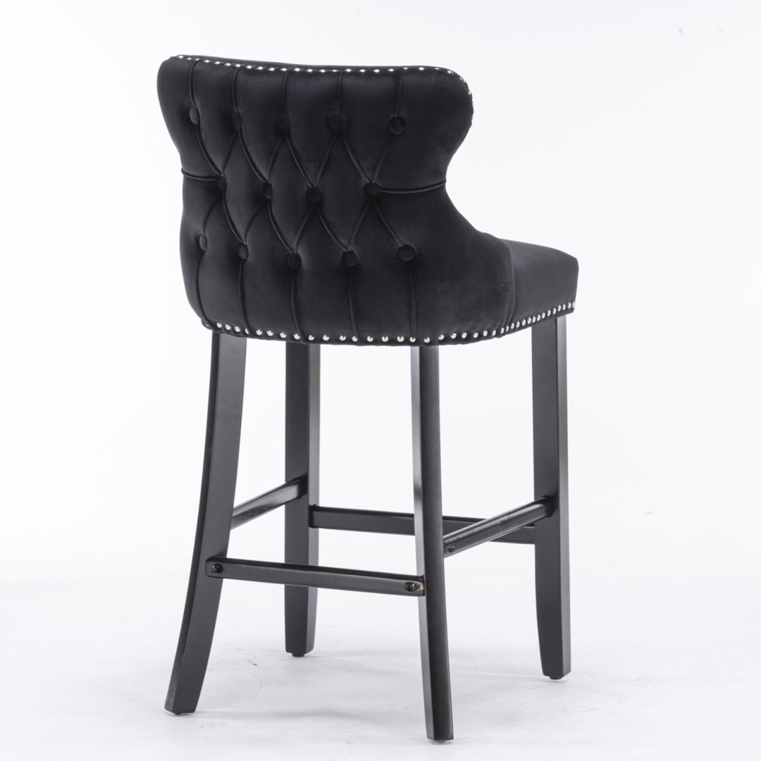 Table & Bar Stools: 2x Velvet Upholstered Button Tufted Bar Stools with Wood Legs and Studs-Black