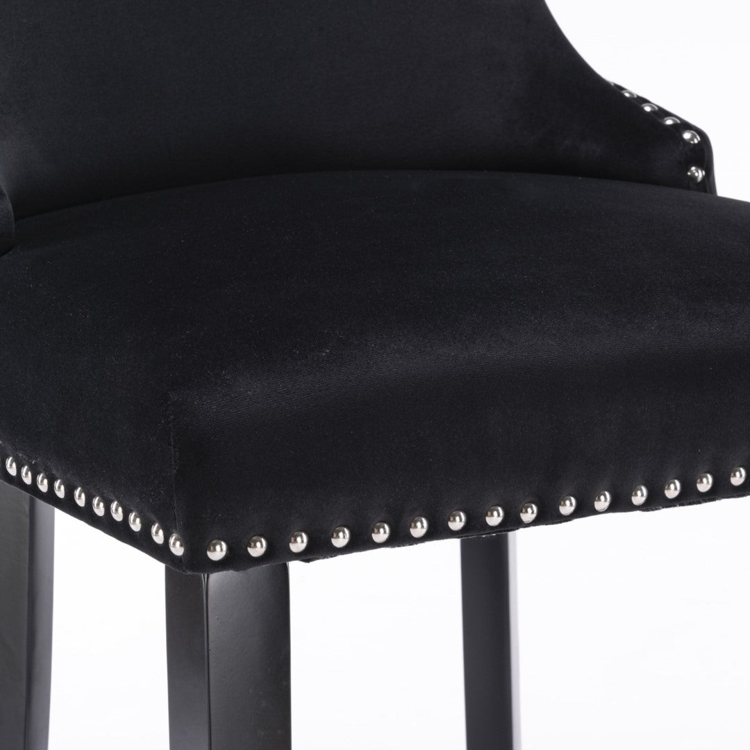 Table & Bar Stools: 2x Velvet Upholstered Button Tufted Bar Stools with Wood Legs and Studs-Black