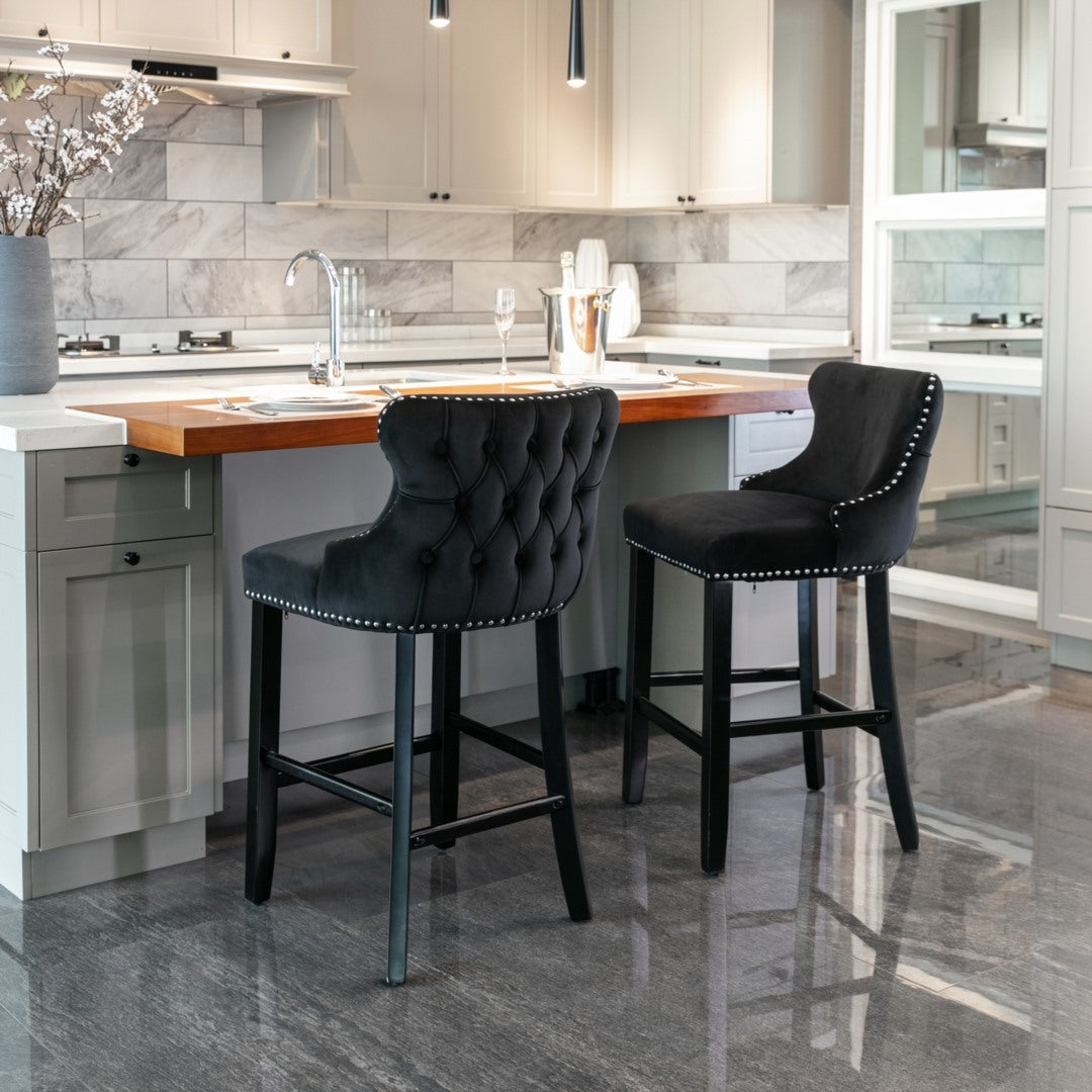 Table & Bar Stools: 2x Velvet Upholstered Button Tufted Bar Stools with Wood Legs and Studs-Black