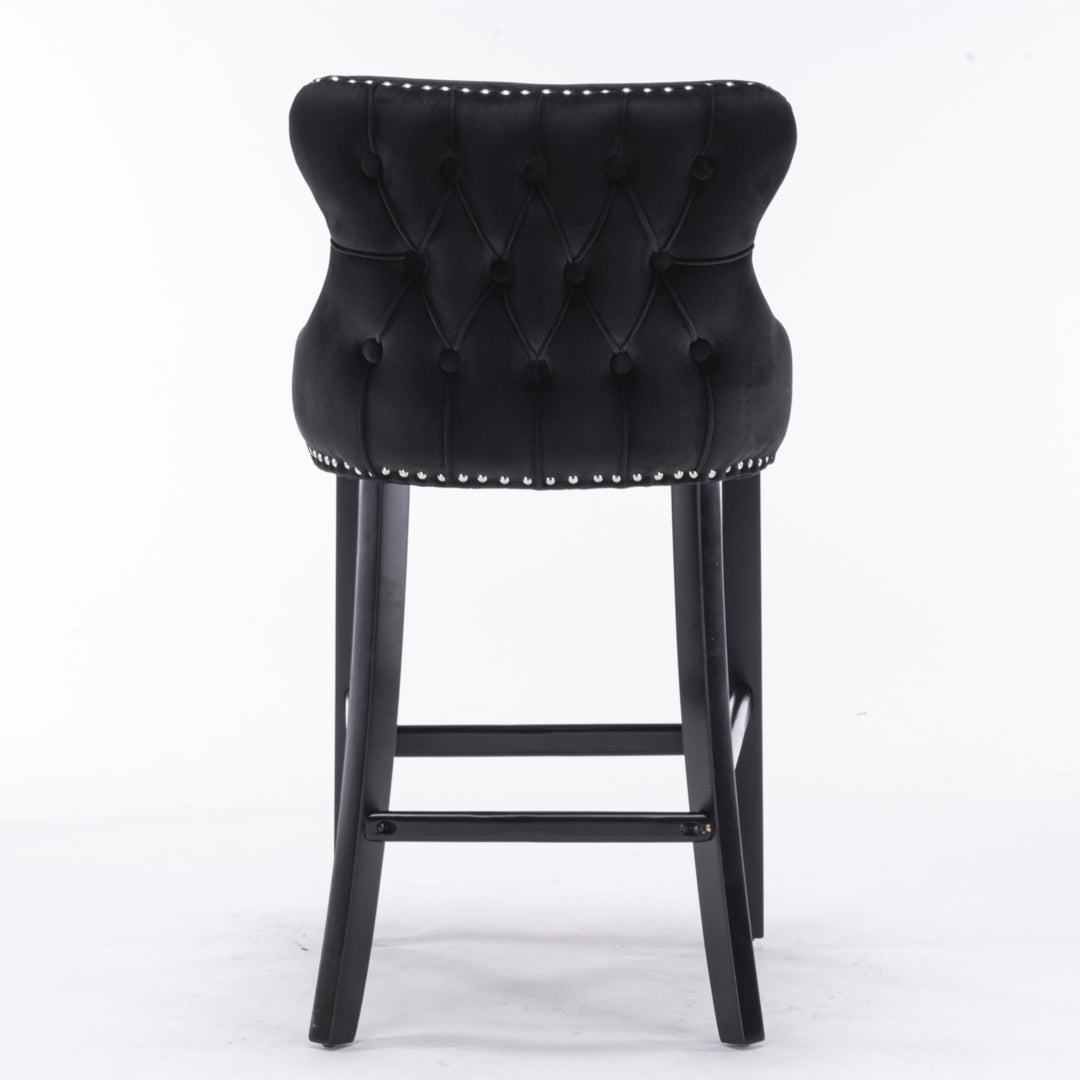 Table & Bar Stools: 2x Velvet Upholstered Button Tufted Bar Stools with Wood Legs and Studs-Black