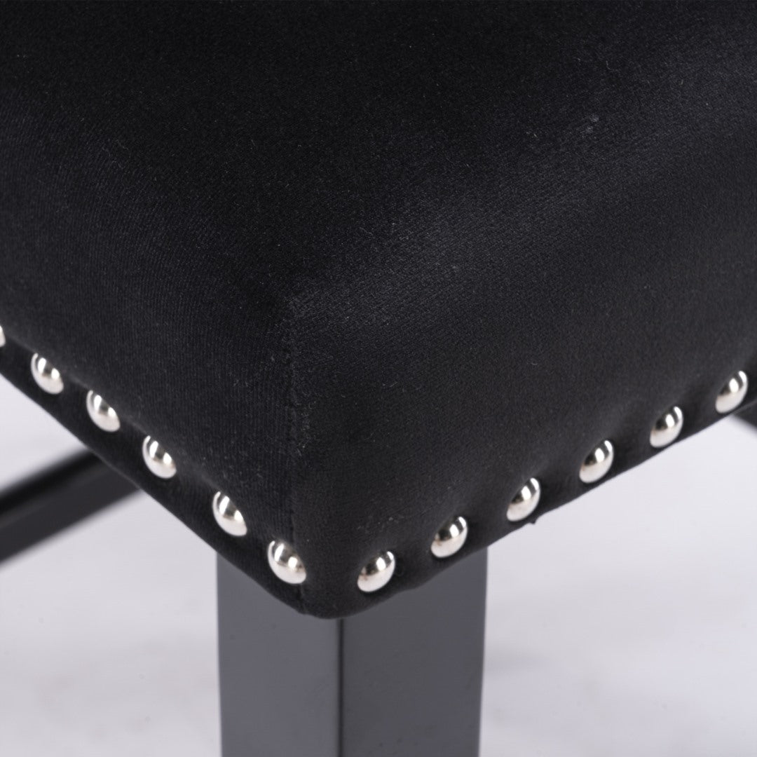 Table & Bar Stools: 2x Velvet Upholstered Button Tufted Bar Stools with Wood Legs and Studs-Black