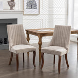Kitchen & Dining Chairs: 2x Fabric Channel Tufted Dining Chairs with Curved Wood Legs -Beige