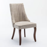Kitchen & Dining Chairs: 2x Fabric Channel Tufted Dining Chairs with Curved Wood Legs -Beige