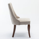 Kitchen & Dining Chairs: 2x Fabric Channel Tufted Dining Chairs with Curved Wood Legs -Beige