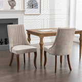 Kitchen & Dining Chairs: 2x Fabric Channel Tufted Dining Chairs with Curved Wood Legs -Beige
