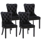 Dining Set: 4x Velvet Dining Chairs Upholstered Tufted Kithcen Chair with Solid Wood Legs Stud Trim and Ring-Black
