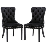Dining Set: 4x Velvet Dining Chairs Upholstered Tufted Kithcen Chair with Solid Wood Legs Stud Trim and Ring-Black