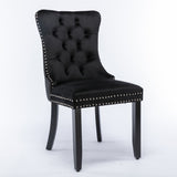 Dining Set: 4x Velvet Dining Chairs Upholstered Tufted Kithcen Chair with Solid Wood Legs Stud Trim and Ring-Black