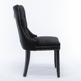 Dining Set: 4x Velvet Dining Chairs Upholstered Tufted Kithcen Chair with Solid Wood Legs Stud Trim and Ring-Black