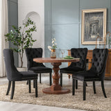 Dining Set: 4x Velvet Dining Chairs Upholstered Tufted Kithcen Chair with Solid Wood Legs Stud Trim and Ring-Black