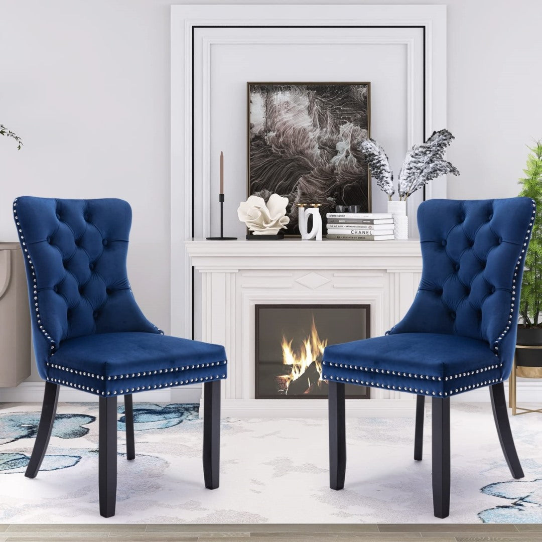 Kitchen & Dining Chairs: 2x Velvet Dining Chairs Upholstered Tufted Kithcen Chair with Solid Wood Legs Stud Trim and Ring-Blue
