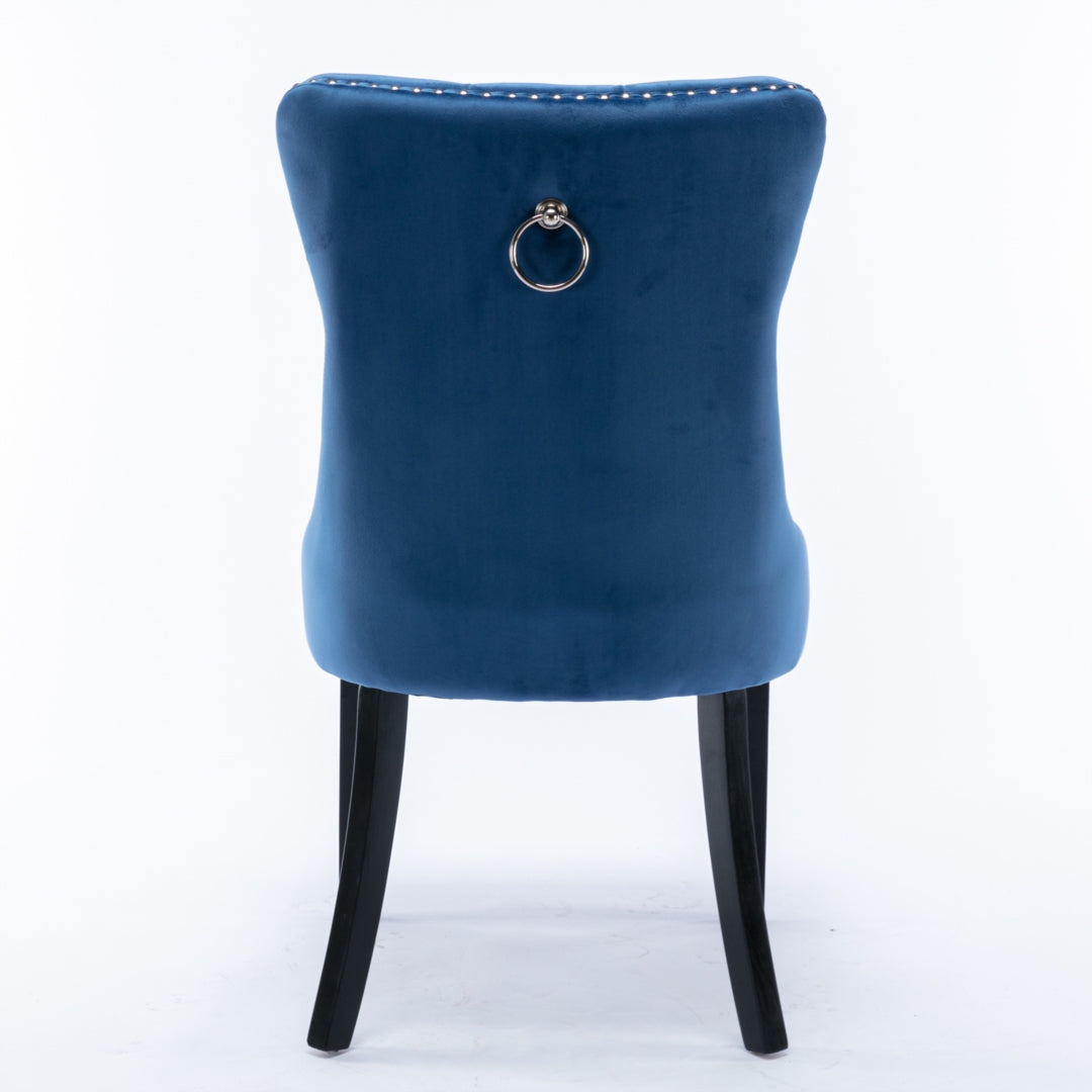 Kitchen & Dining Chairs: 2x Velvet Dining Chairs Upholstered Tufted Kithcen Chair with Solid Wood Legs Stud Trim and Ring-Blue