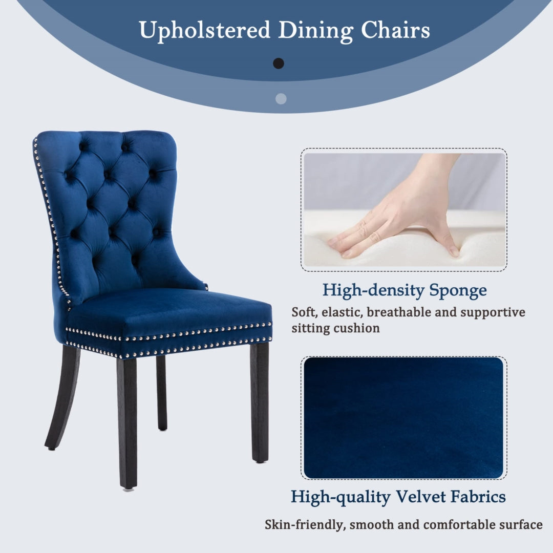 Kitchen & Dining Chairs: 2x Velvet Dining Chairs Upholstered Tufted Kithcen Chair with Solid Wood Legs Stud Trim and Ring-Blue