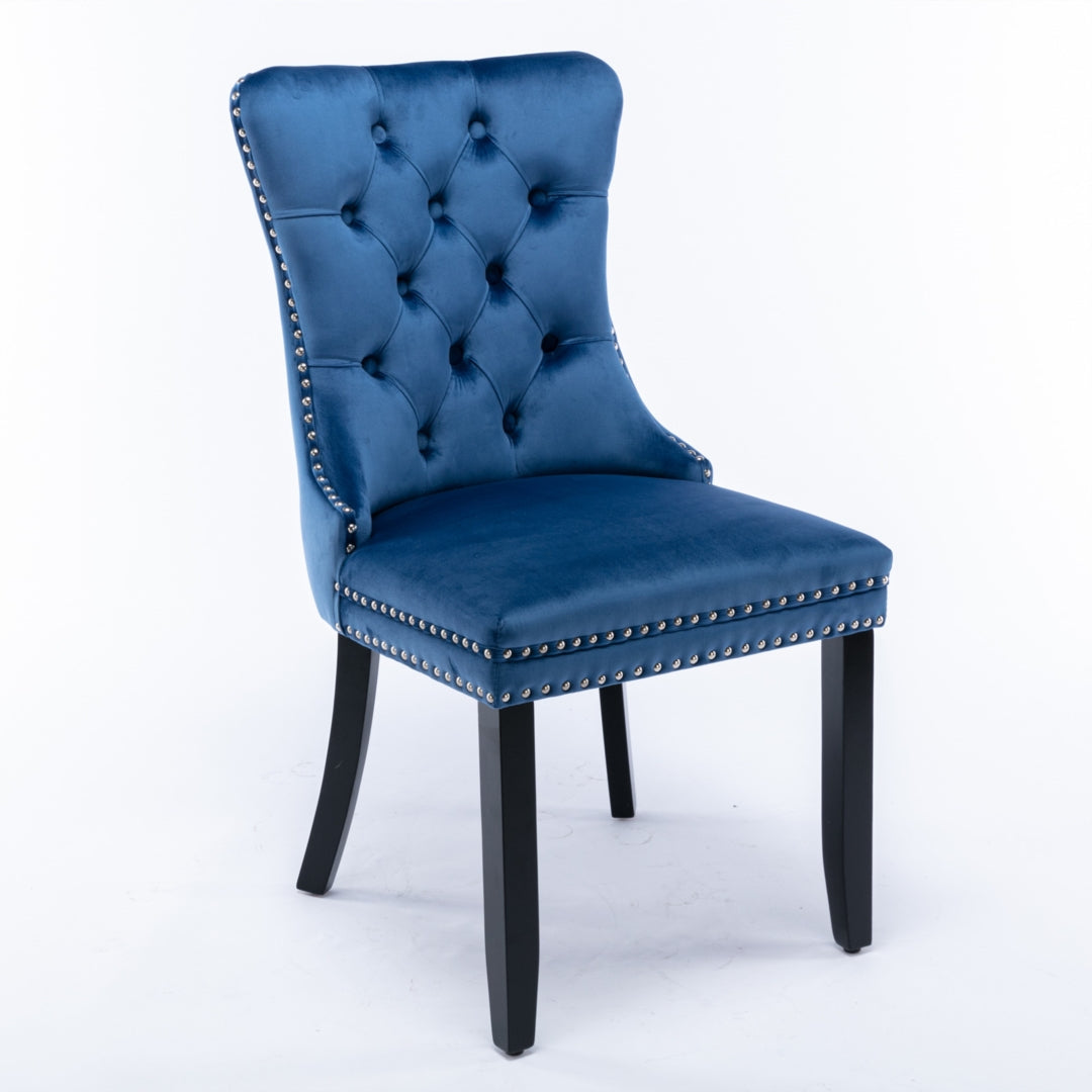 Kitchen & Dining Chairs: 2x Velvet Dining Chairs Upholstered Tufted Kithcen Chair with Solid Wood Legs Stud Trim and Ring-Blue