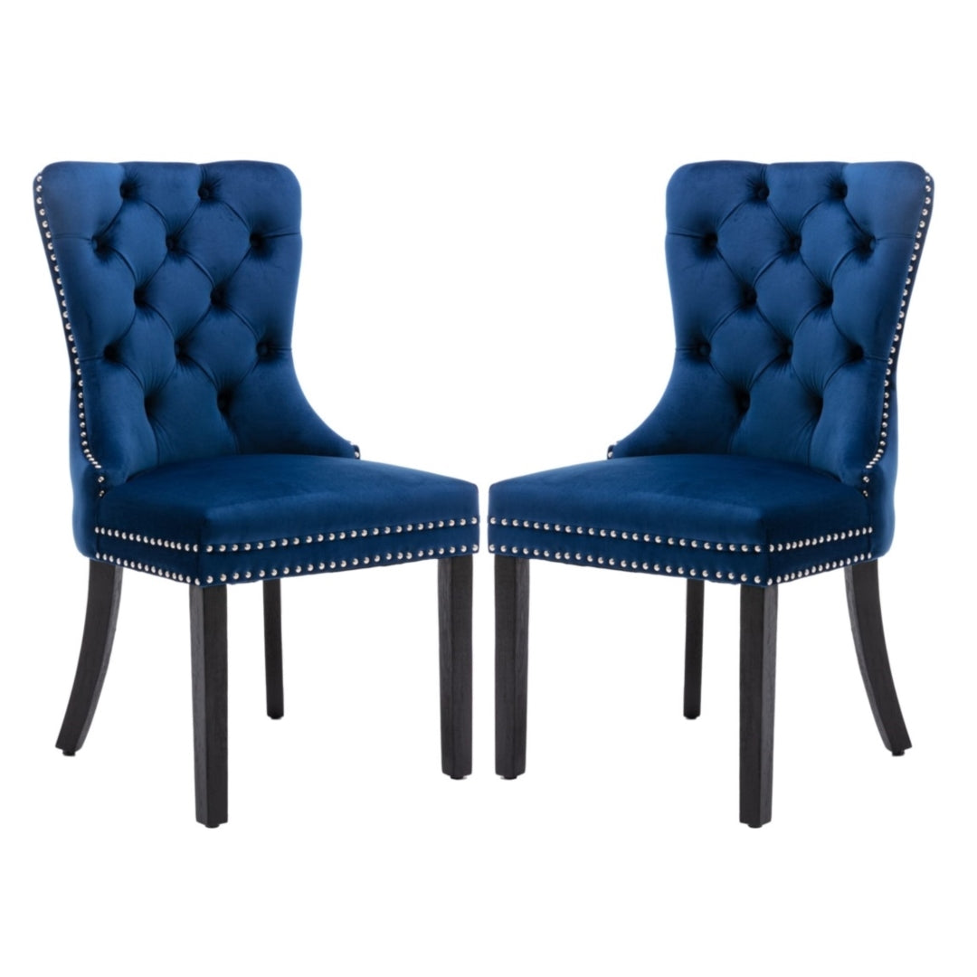 Kitchen & Dining Chairs: 2x Velvet Dining Chairs Upholstered Tufted Kithcen Chair with Solid Wood Legs Stud Trim and Ring-Blue