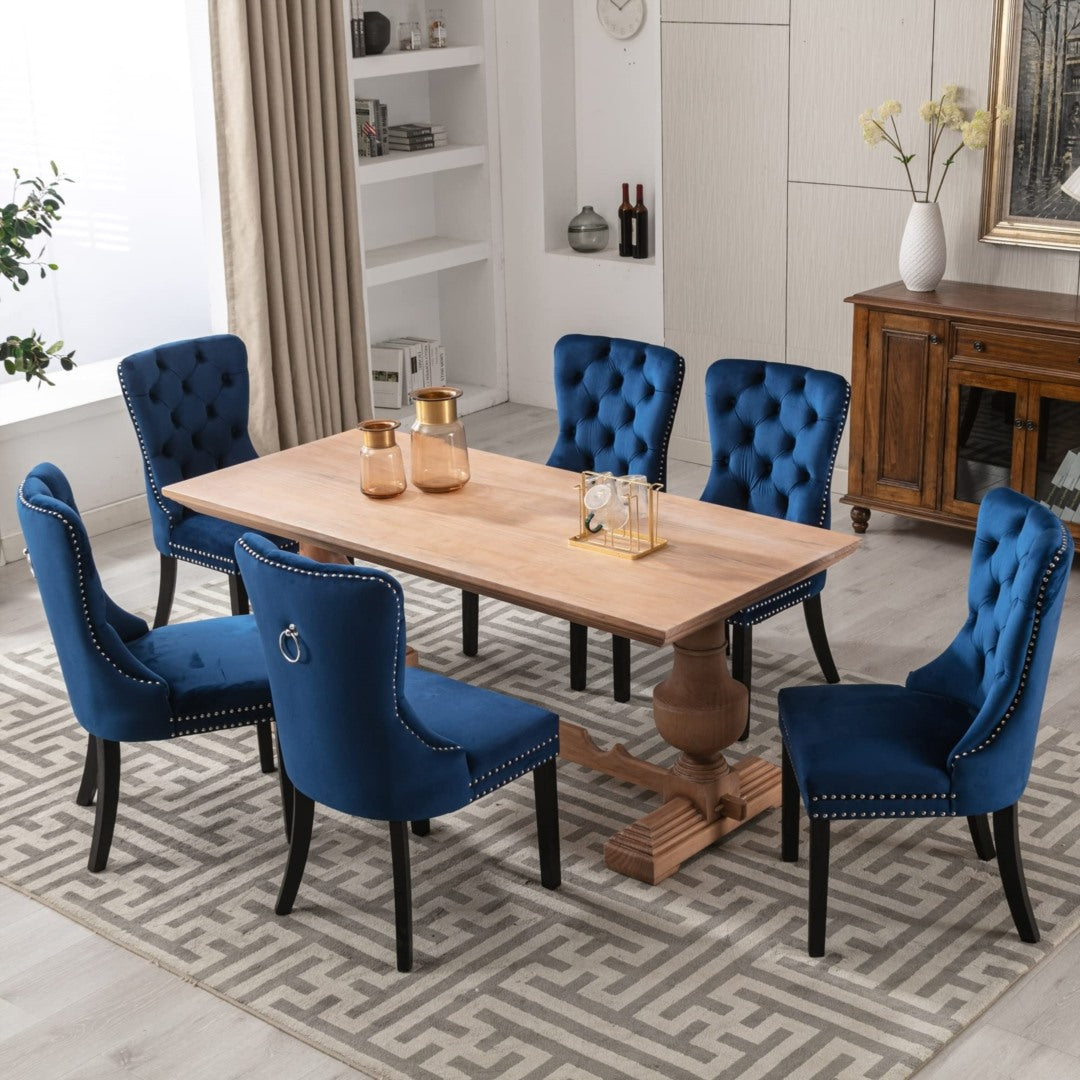 Kitchen & Dining Chairs: 2x Velvet Dining Chairs Upholstered Tufted Kithcen Chair with Solid Wood Legs Stud Trim and Ring-Blue
