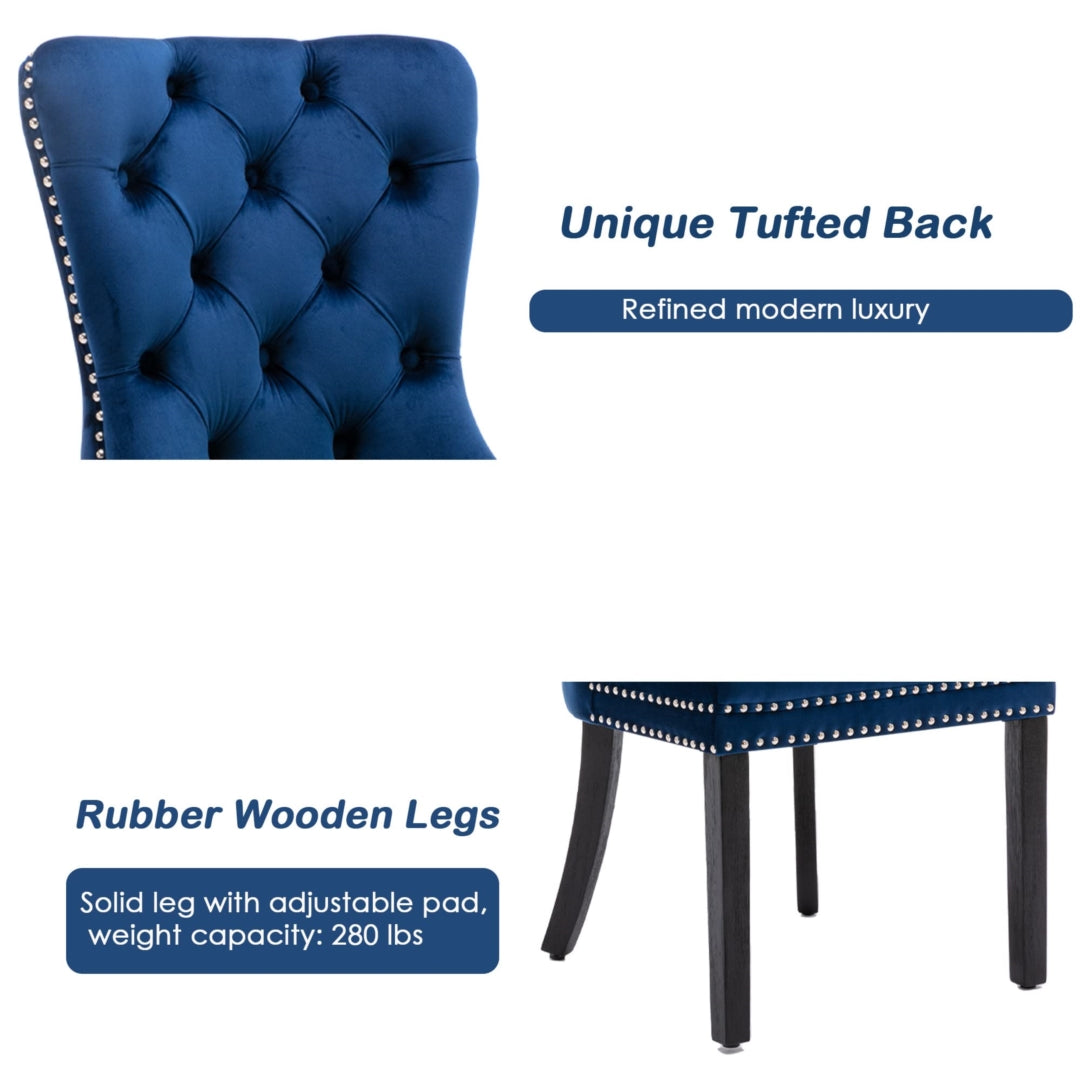 Kitchen & Dining Chairs: 2x Velvet Dining Chairs Upholstered Tufted Kithcen Chair with Solid Wood Legs Stud Trim and Ring-Blue